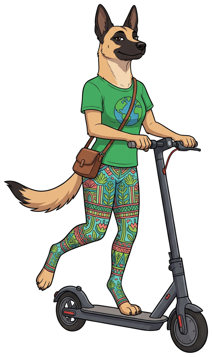 Ella, a fawn dog with a black mask and big upright ears, standing on an electric scooter in a t-shirt