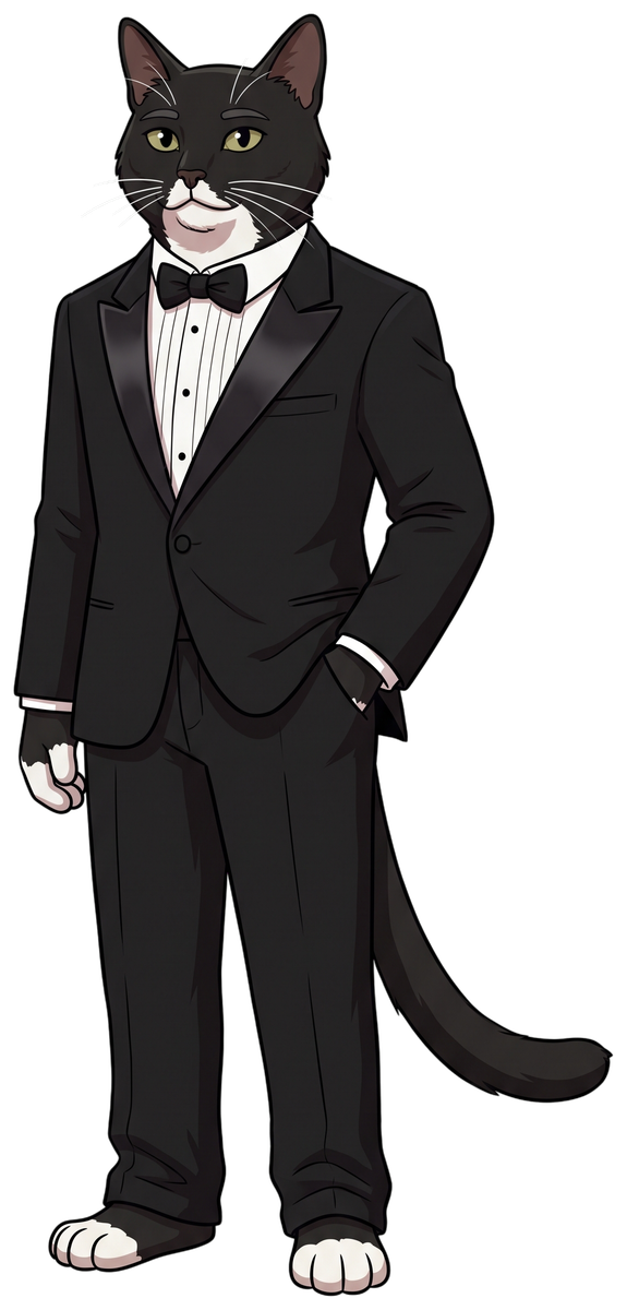 Elvis, a black and white tuxedo cat, standing upright in a black and white suit