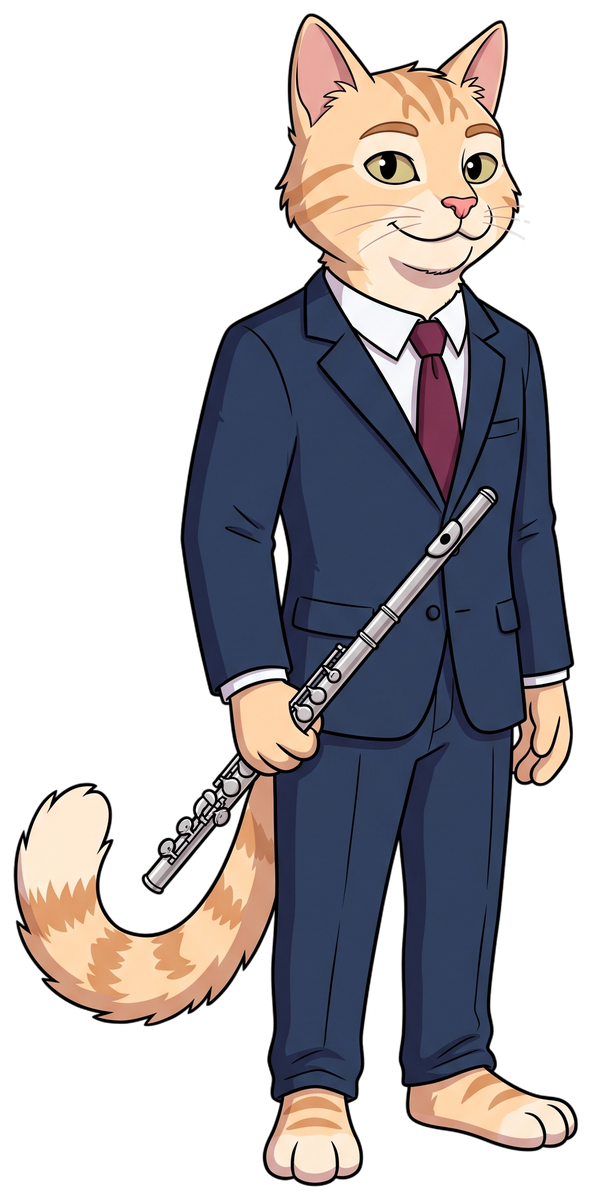 Randy, a ginger tabby cat, standing upright in a navy suit, white shirt and burgundy tie, smiling, with a silver flute in his hand