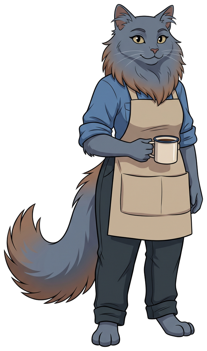 Smokey, a long-haired blue-gray cat with a full ruff and a plume tail, standing upright in an apron with a cup in her hand
