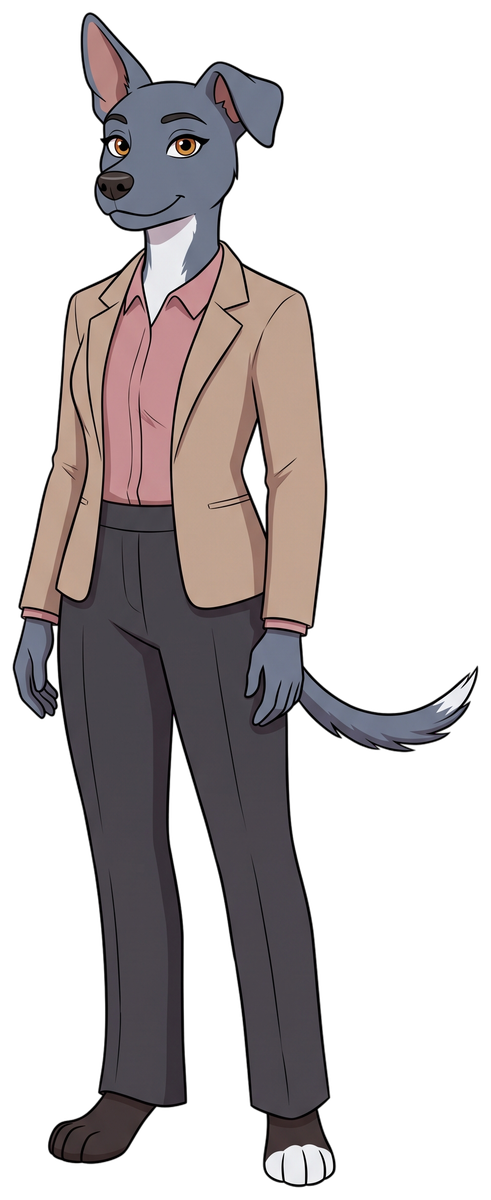 Star, a slate blue-gray dog with one ear standing up and one folded over, standing upright in a blazer and tailored trousers