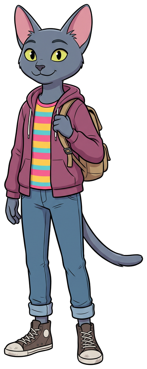 Xica, a slim short-haired blue-gray cat with big ears, standing upright in a hoodie and jeans